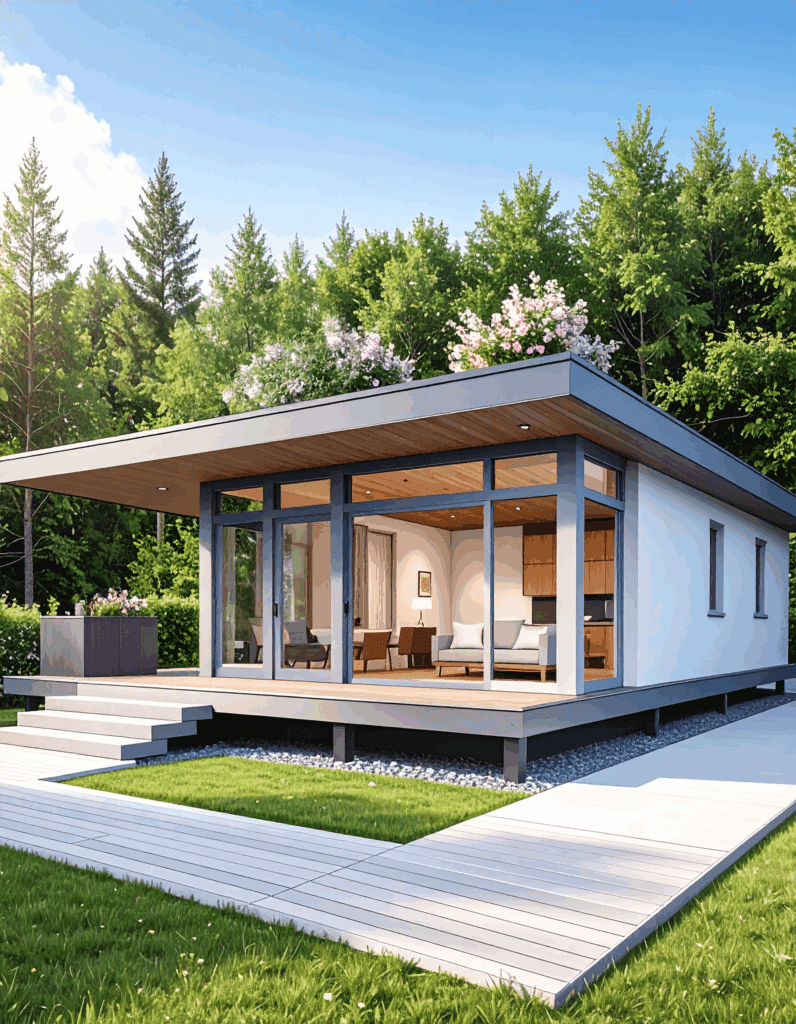 Modern A-frame modular home with large glass windows surrounded by forest