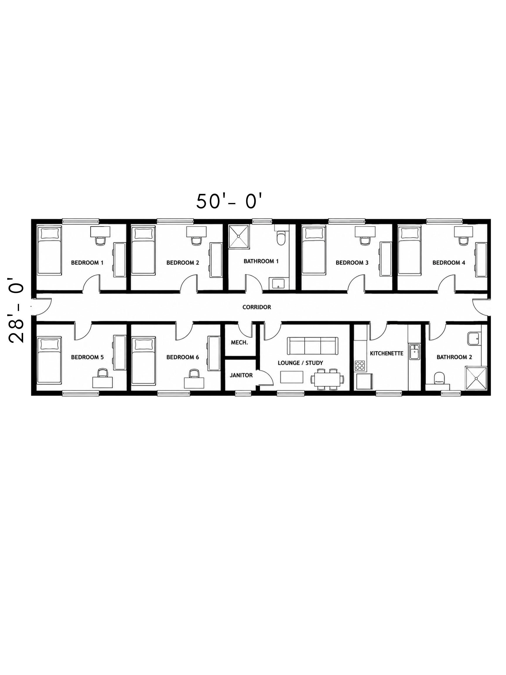 6-room corridor-style dorm floor plan