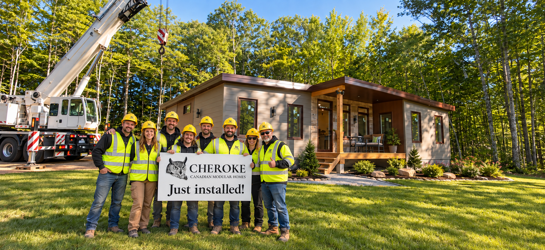 Cheroke modular home installation crew beside a newly installed home, holding a Just installed sign.
