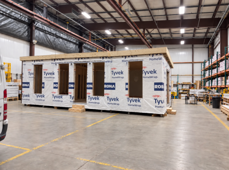 Enclosed modular home shell inside the warehouse