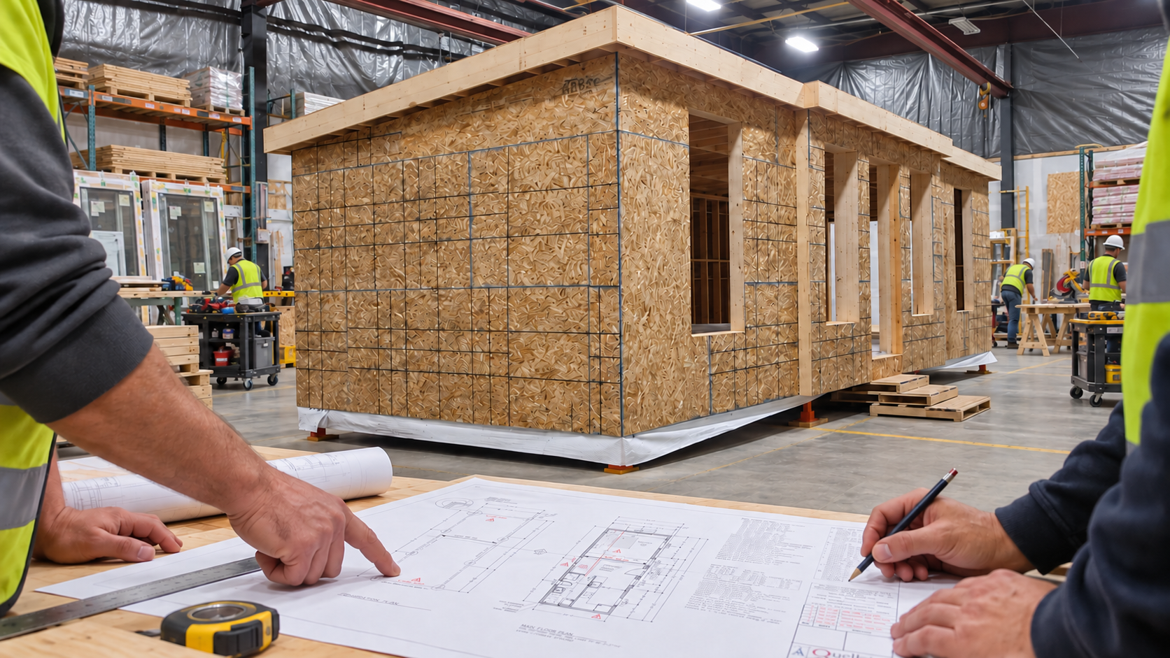 A modular home under construction inside the Cheroke factory, with a floor plan being reviewed