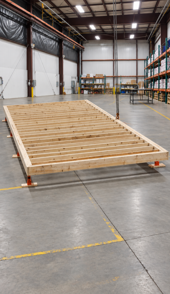 Timber floor joists during modular home construction