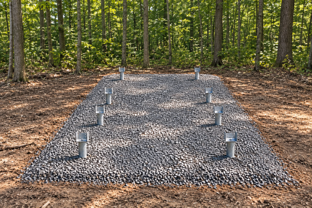 Illustration of eight helical pile heads on a wooded gravel pad