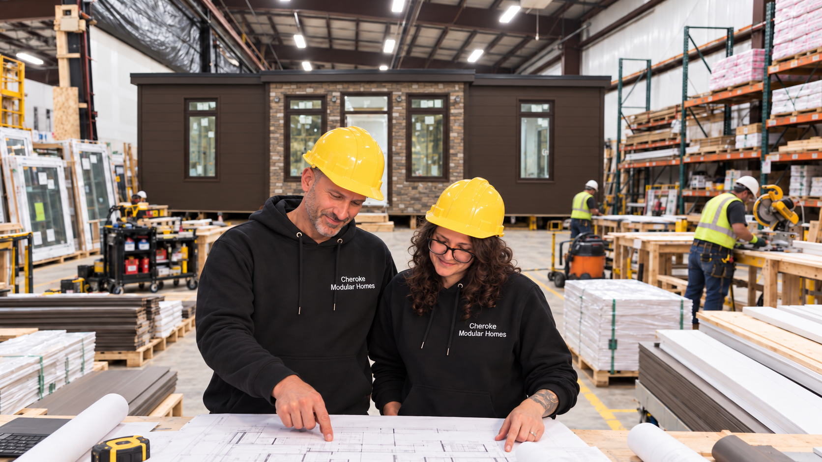 Cheroke team reviewing floor plans in a modular home factory