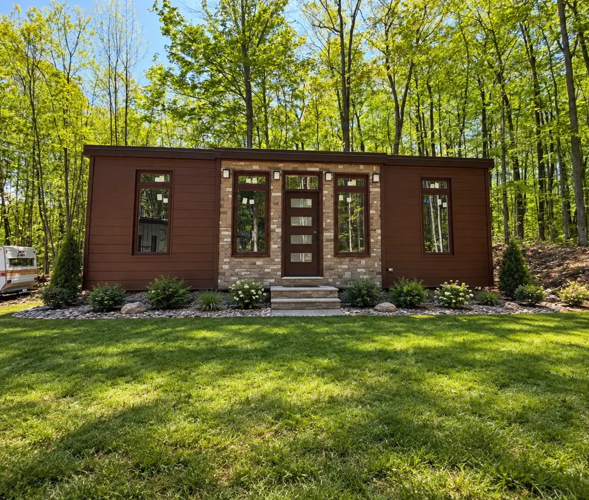 Finished compact brown modular home